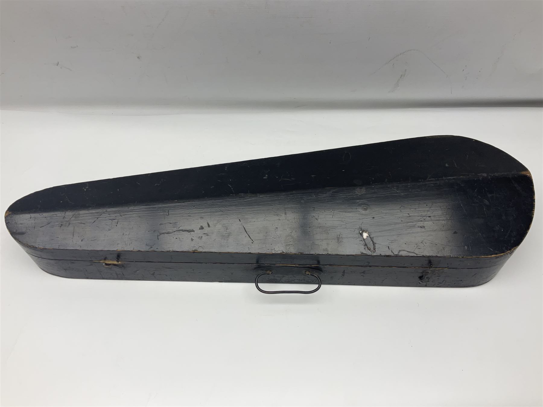 German violin c1900 for re-assembly with 36cm two-piece maple back and ribs and spruce top; L59cm; in ebonised wooden 'coffin' case with two bows