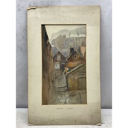 Charles William Adderton (British 1866-1944): 'Sandside Scarborough', watercolour signed with monogram and dated 1894, 36cm x 20cm (unframed)
Provenance: direct from the family of the artist Harry Wanless 1872-1934, part of a collection never previously seen on the market
Notes: Adderton was a friend of the brothers Harry and Charles Wanless, all of whom studied under Albert Strange at the Scarborough School of Art School. Adderton had a studio at 55 Sandside, Scarborough between 1894 and 1901, he moved to Ockbrook Derby and later to Robin Hoods Bay where he was a member of the Fylingdales Group of Artists