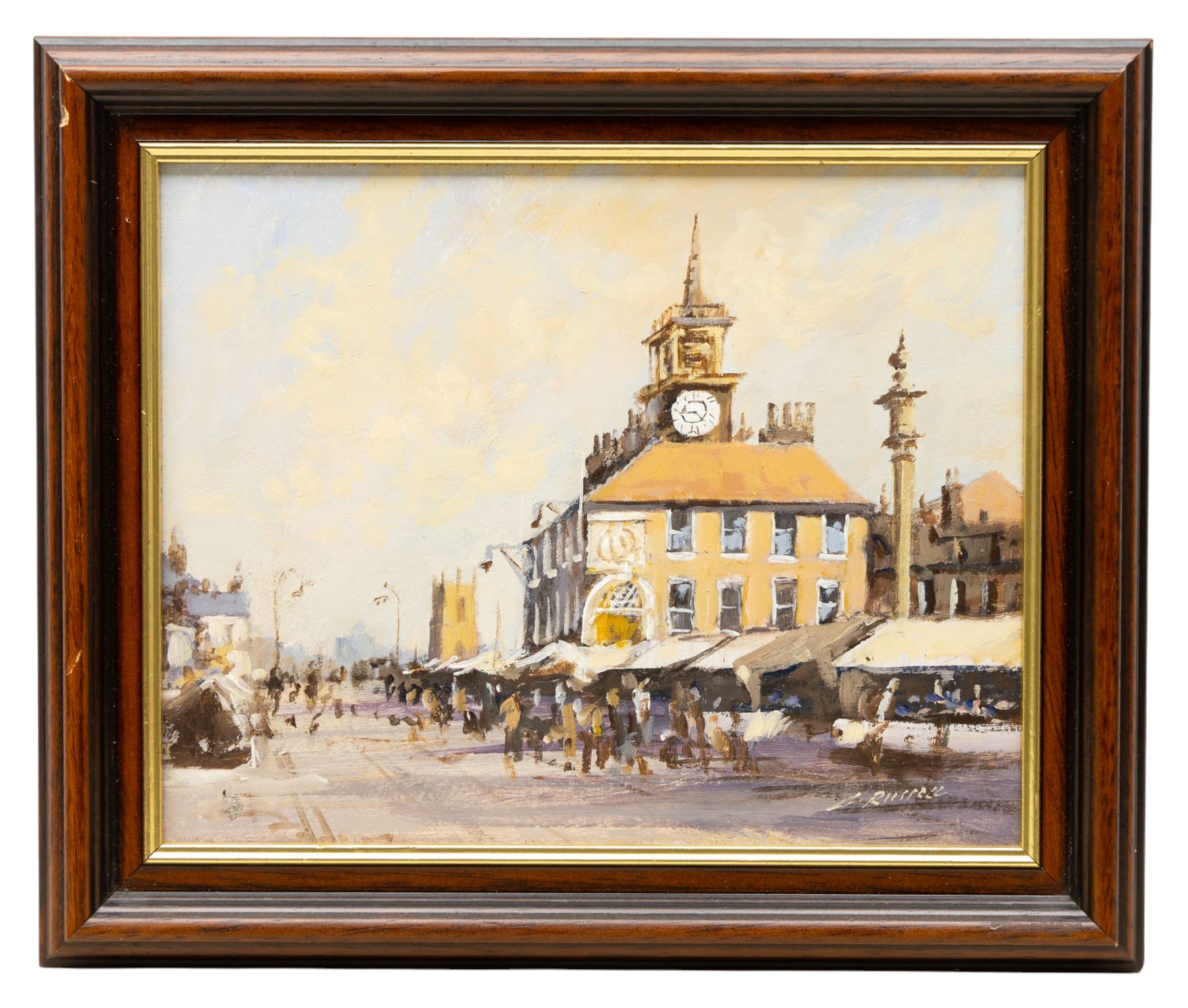 Colin Russell (Northern British 1932-2009): 'Stockton Town Hall', oil on board signed 20cm x 24cm