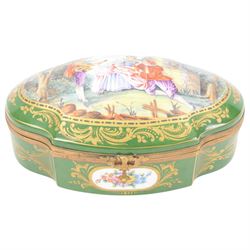 French bombee casket, Sevres style, painted with floral sprays inside gilt frames on a a green ground the cover decorated with a courting couple, signed Poirson, H18cm