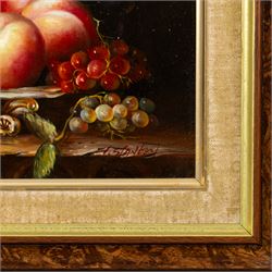 T Stanley (British late 19th/early 20th century): Still Lifes of Peaches Grapes and Foliage, pair of oils on board signed 19cm x 24cm (2)