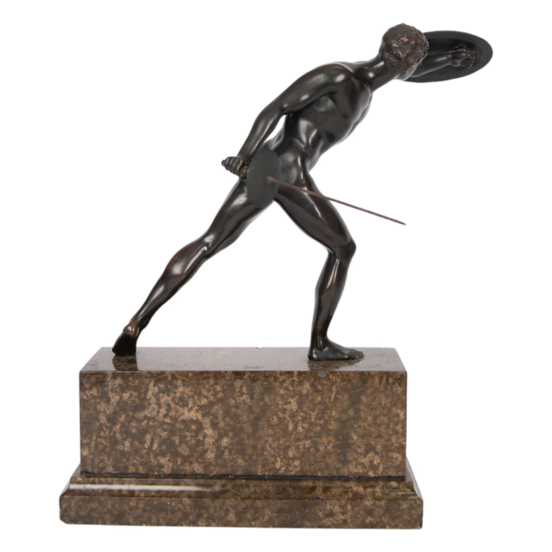 Third Reich; bronze sculpture, after Arno Breker modelled as a Gladiator upon a stepped rectangular marble base, belonging to Hans Christian Weber, gifted to him on the Day of German Art parade 1938 from Mayor Karl Fiehier, H45cm 