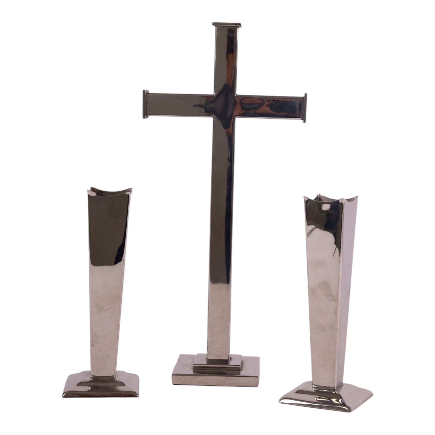 20th century chrome alter crucifix and matching vases, crucifix 39cm