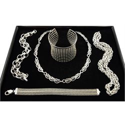 Silver Byzantine link necklace, silver cuff, two silver necklaces and a bracelet, all hallmarked or tested