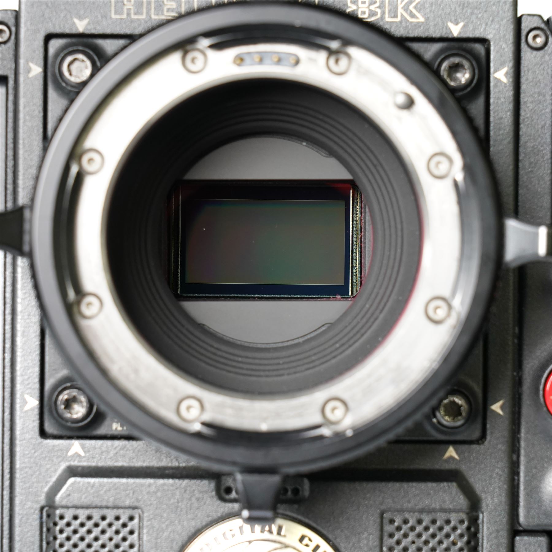 RED Epic-W Helium 8K camera body serial no. 13024E6A9, with RED EVF, three RED Mini Mag 512GB cards, one 480 Mini Mag card and reader, two RED V-Mount batteries and charger, RED top handle, Wooden Camera Easy Top top plate and one other top plate, various accessory cables, Wooden Camera bridge plate for 19mm studio rods, 12 inch Wooden Camera Dovetail plate and four 19mm studio rods to include two 380mm and two 610mm, with original Epic-W camera box and contained within a custom cut flight case