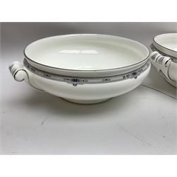 Wedgwood Amherst pattern part tea service, comprising eight cups and saucer, sixteen dessert plates, milk jug, covered sucrier, together with matching platter and two open serving dishes