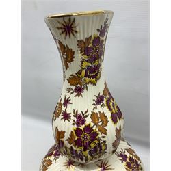 Mid 20th century Boch Freres of Belgium Keralux Fleur De Saxe vase, of double gourd form with pink and yellow flowers amongst orange foliage and gilt decoration, H44cm