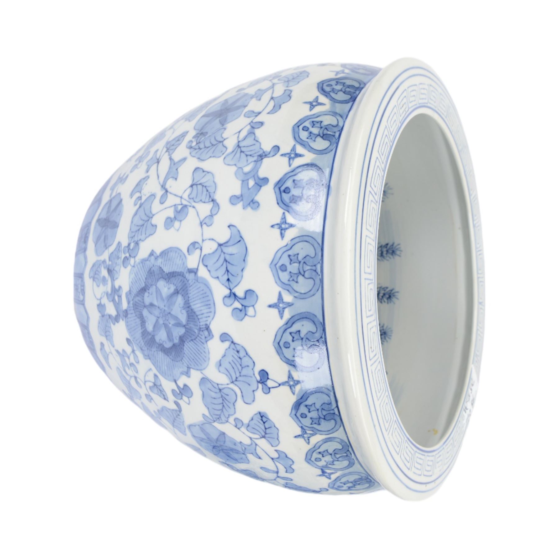 20th century Chinese blue and white fish bowl, the exterior decorated with trailing foliage and ruyi border, the interior with carp swimming amongst reeds, H31cm x D37cm, together with a Chinese blue and white table lamp and shade, of lobed ovoid form, H73cm overall 