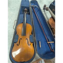 Two violins, including Excelsior example in coffin case and one with spurious William Duke label, and a Luigi D'Ancora mandolin