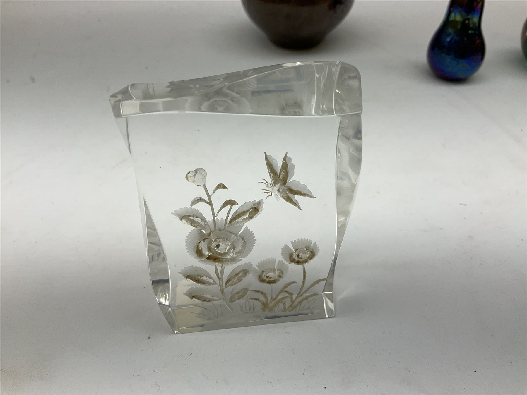 Collection of glass paperweights to include three Wedgwood examples modelled as birds, two Rosenthal faceted examples, a millefiori example, together with art glass examples to include Eirian swirled teardrop and another teardrop shaped paperweight by Caithness