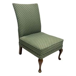 Late 19th century elm hall chair, curved backrest with leather upholstered seat, on turned supports (H81cm, W51cm), early 20th century mahogany commode, hinged lid opening to ceramic liner (H44cm, W47cm, D44cm), late Victorian upholstered nursing chair in green patterned fabric (H79cm, W49cm)