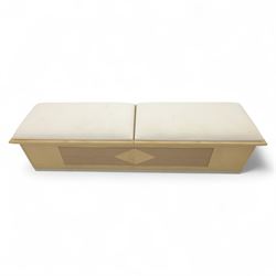 Contemporary maple veneered blanket box, twin upholstered lift-up lids revealing lined storage compartment, geometric panelled front on plinth base
