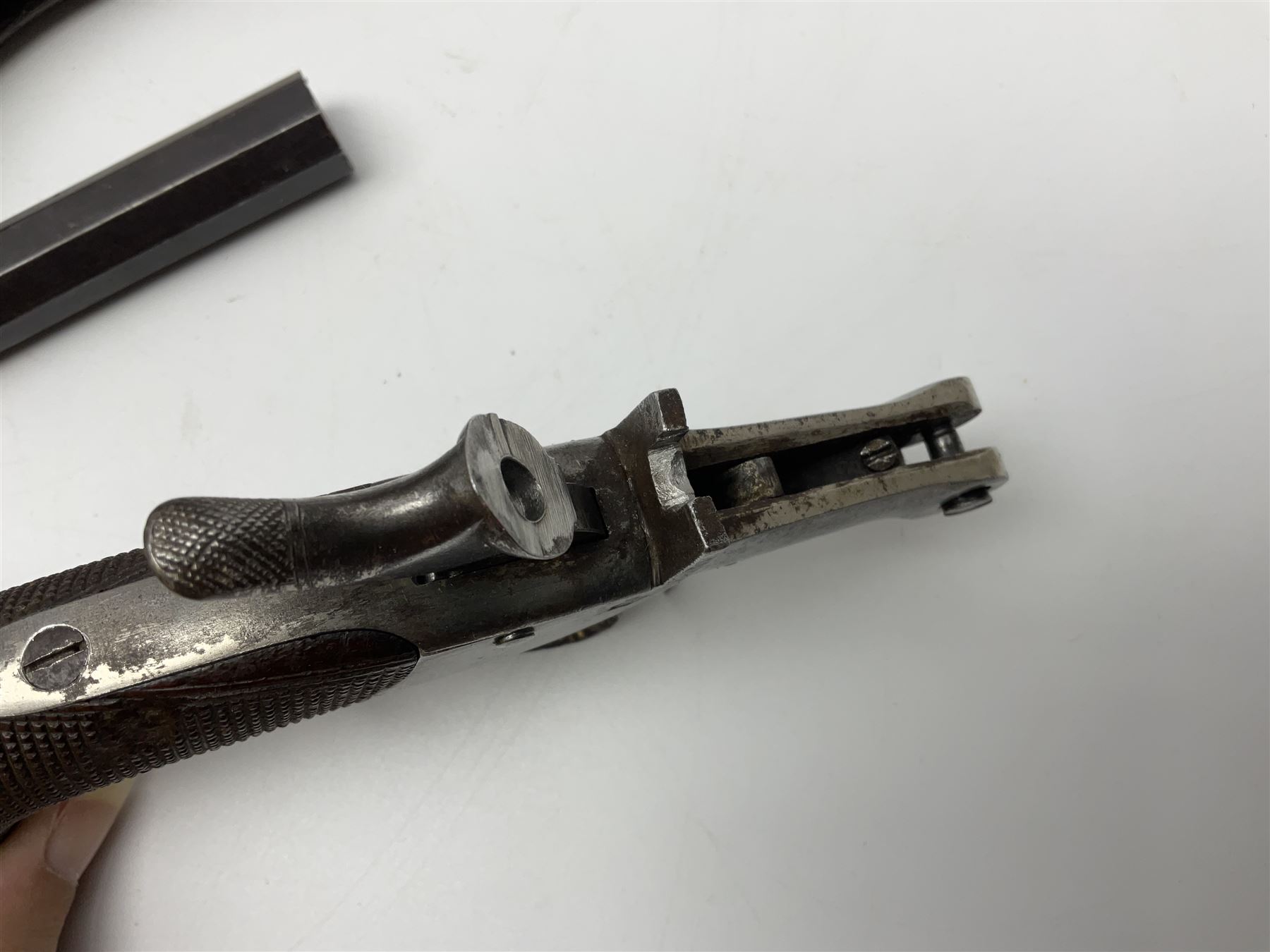 Assorted rifle and pistol spares; early Gem air rifle with sawn off barrel (piece present); telescopic sight; canvas/leather ammunition pouch; Mauser stock; barrel browning solution etc