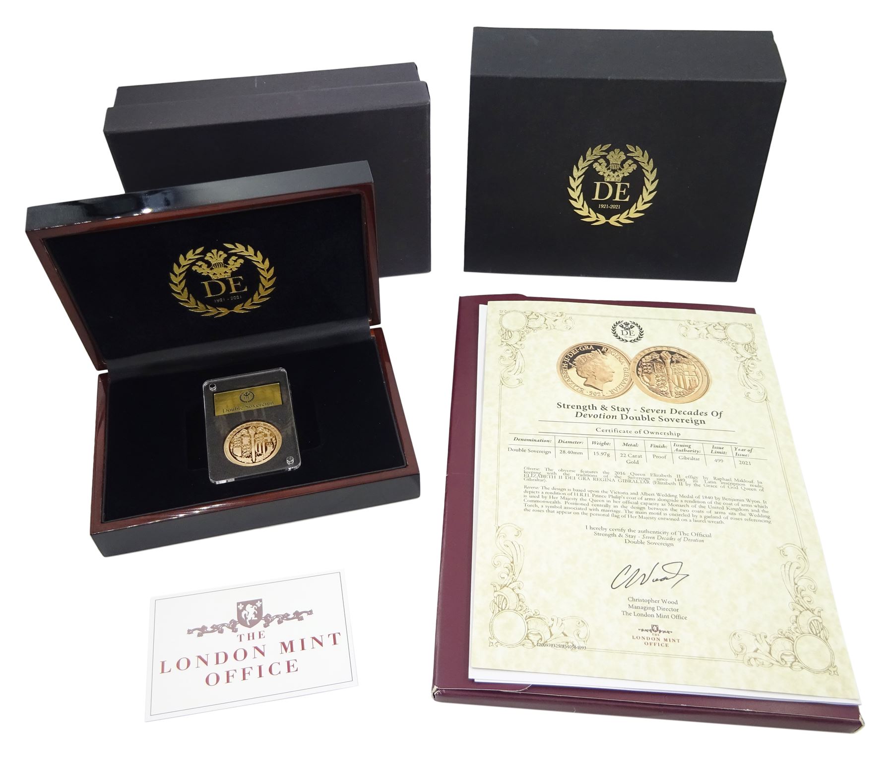Queen Elizabeth II Gibraltar 2021 'Strength & Stay' gold double sovereign coin, cased with certificate