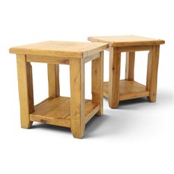 Pair of light oak  two tier occasion tables, square top on square supports united by under tier