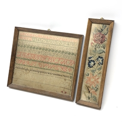  19th century sampler worked with the alphabet and numerals,  28.5cm x 24cm and 19th century a needlework floral panel, both framed (2)  