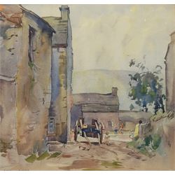 Frederick (Fred) Lawson (British 1888-1968): Castle Bolton Village with Cart and Children, watercolour signed 24cm x 25cm