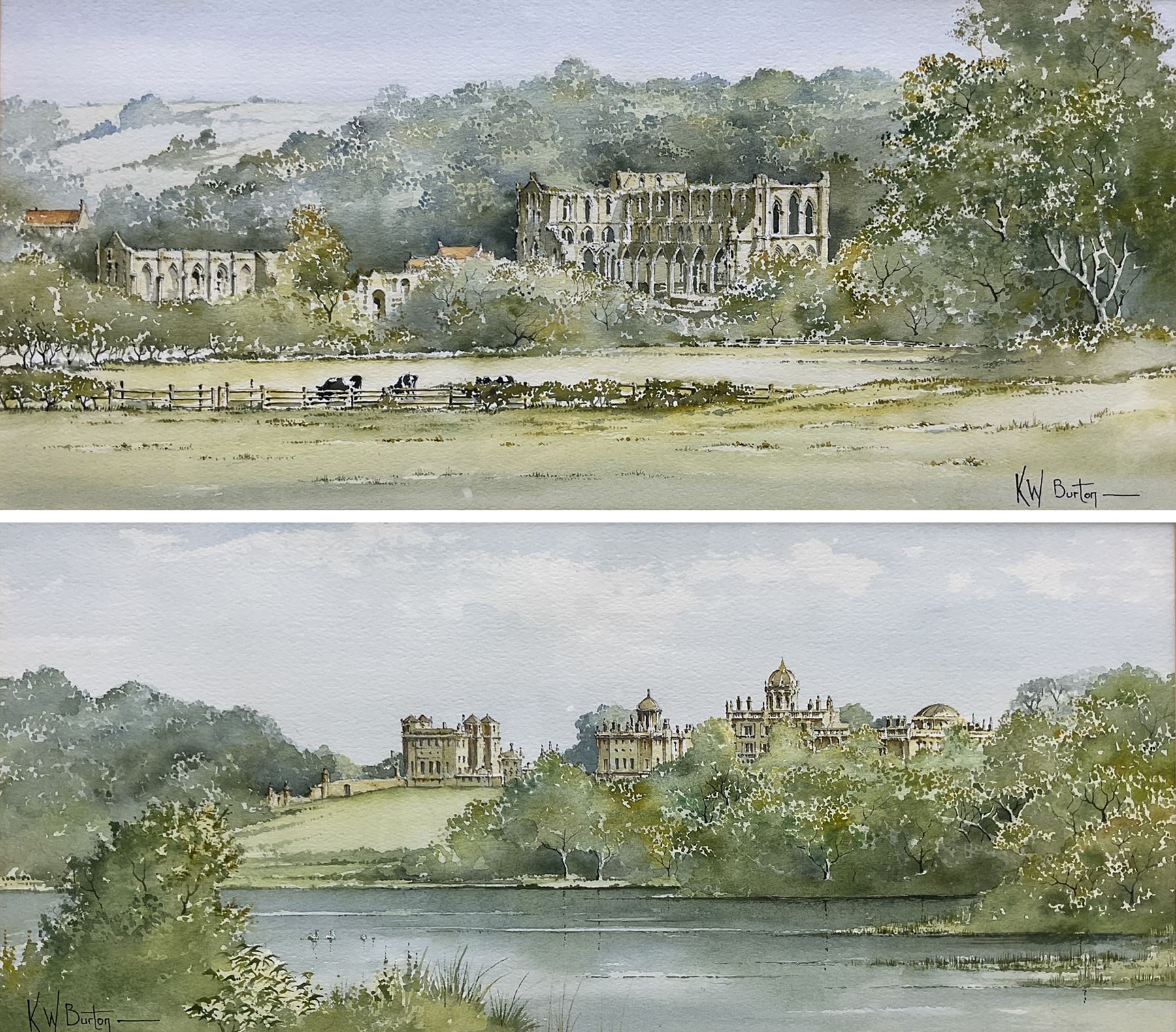 Kenneth W Burton (British 1946-): 'Rievaulx Abbey' and 'Castle Howard', pair watercolours signed, titled verso 18cm x 41cm