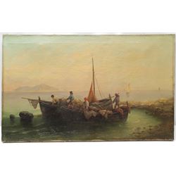 A Vescovi (19th/20th century): Mediterranean Fisherfolk Hauling the Nets, oil on canvas signed 42cm x 68cm
