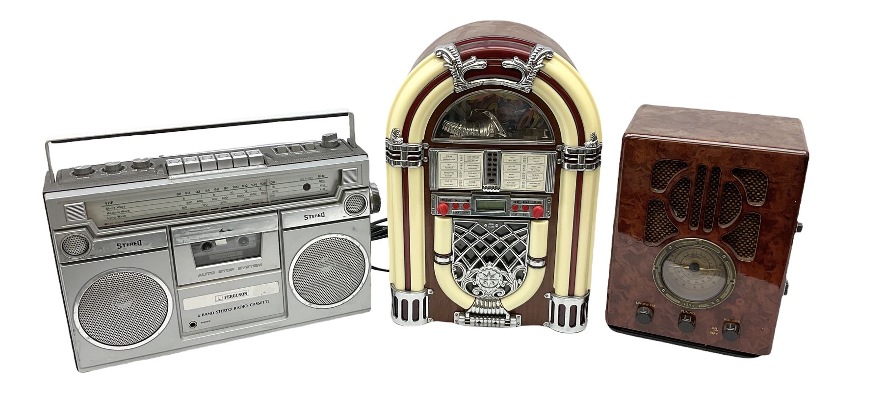CD player in the form of a juke box, together with a Ferguson stereo and a vintage style radio