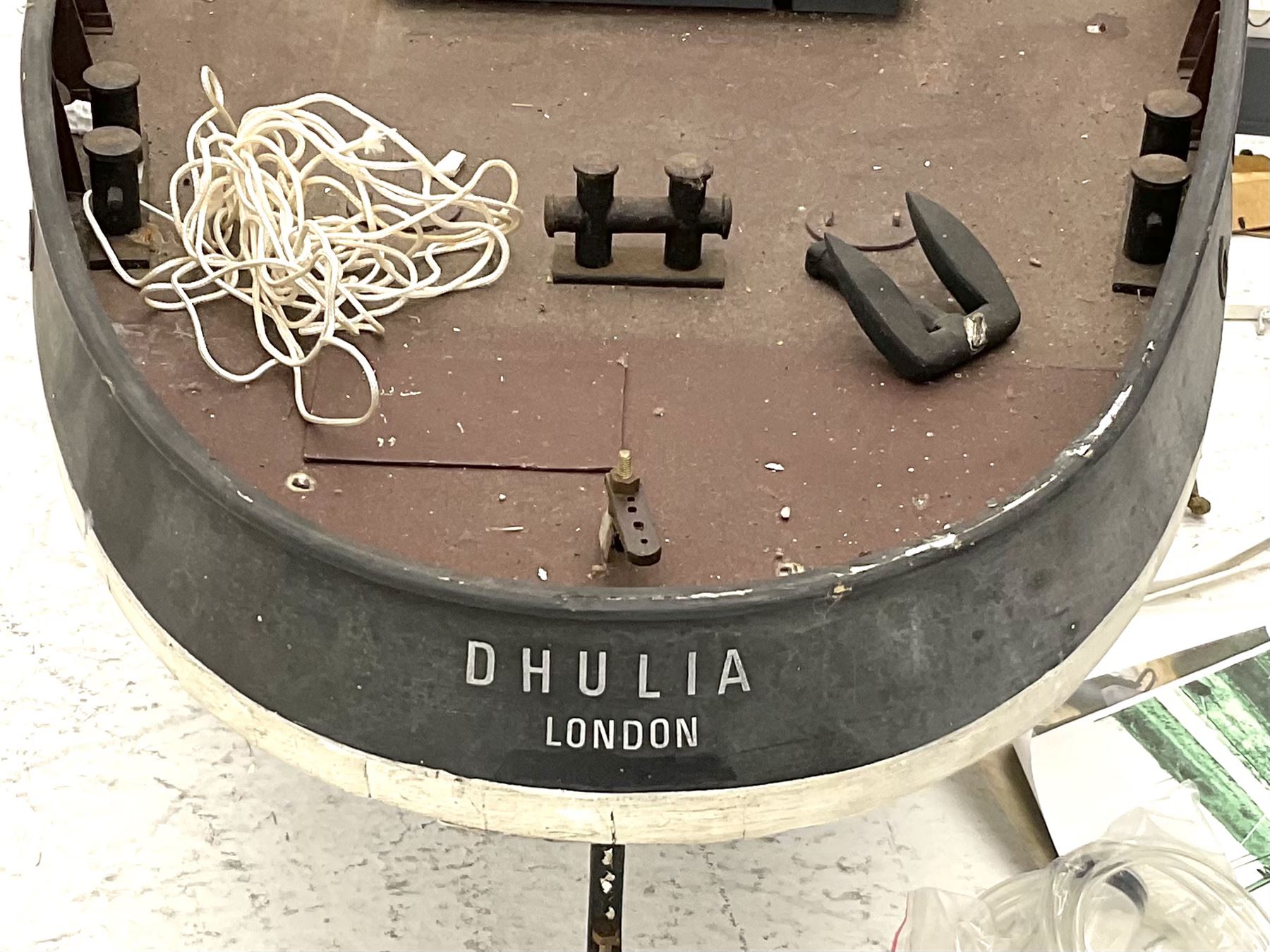 Large model of the tugboat 'Dhulia' on a wooden stand L144cm, together with a box of additional parts and plans