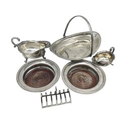 Silver plated seven bar toast rack by Mappin & Webb, together with other silver plated items including pair of bottle coasters, swing handled baskets and two sauce boats