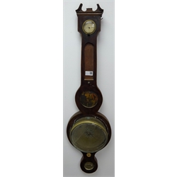  Geo.lll inlaid mahogany wheel barometer H95cm by Thomas Humphreys Barnard castle and a Victorian mahogany wheel barometer by Hancock Knaresborough, H103cm both for reststoration (2)  