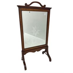 Early to mid-20th century inlaid mahogany fire-screen, bevelled mirror with central star motif, inlaid with satinwood and dotted banding