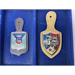 Twelve French military metal badges mounted on leather fobs including Legion, Artillery, Parachutist, Air Force, Infantry etc