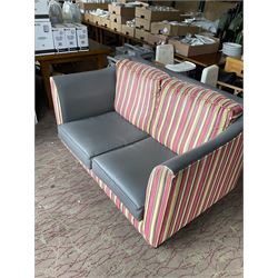 Pair of two seat sofas, upholstered in grey leather and striped fabric- LOT SUBJECT TO VAT ON THE HAMMER PRICE - To be collected by appointment from The Ambassador Hotel, 36-38 Esplanade, Scarborough YO11 2AY. ALL GOODS MUST BE REMOVED BY WEDNESDAY 15TH JUNE.