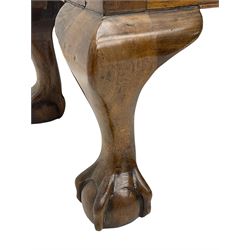 20th century mahogany rectangular footstool, needlework upholstered drop-in seat, on ball and claw carved feet (W81cm, D35cm, H34cm); 19th century elm stool, needlework upholstered drop-in seat, on square moulded supports united by plain stretchers (W45cm); 19th century walnut stool, shaped top upholstered in needlework, on cabriole supports (W50cm); 19th century rosewood stool, upholstered drop-in seat, on curved x-framed supports united by turned stretcher (W47cm)