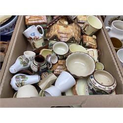 Two Poole Pottery dinner plates and a meat plate, four Copeland Spode Bermuda pattern dinner plates, Sadler jug, Keele St Pottery cottage tea wares, Torquay Motto ware, blue and white jug and bowl, two large planters and other ceramics, etc, in four boxes 