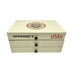 Mid 20th century Dewhurst's 'Sylko' advertising counter top three drawer chest, H14.5cm