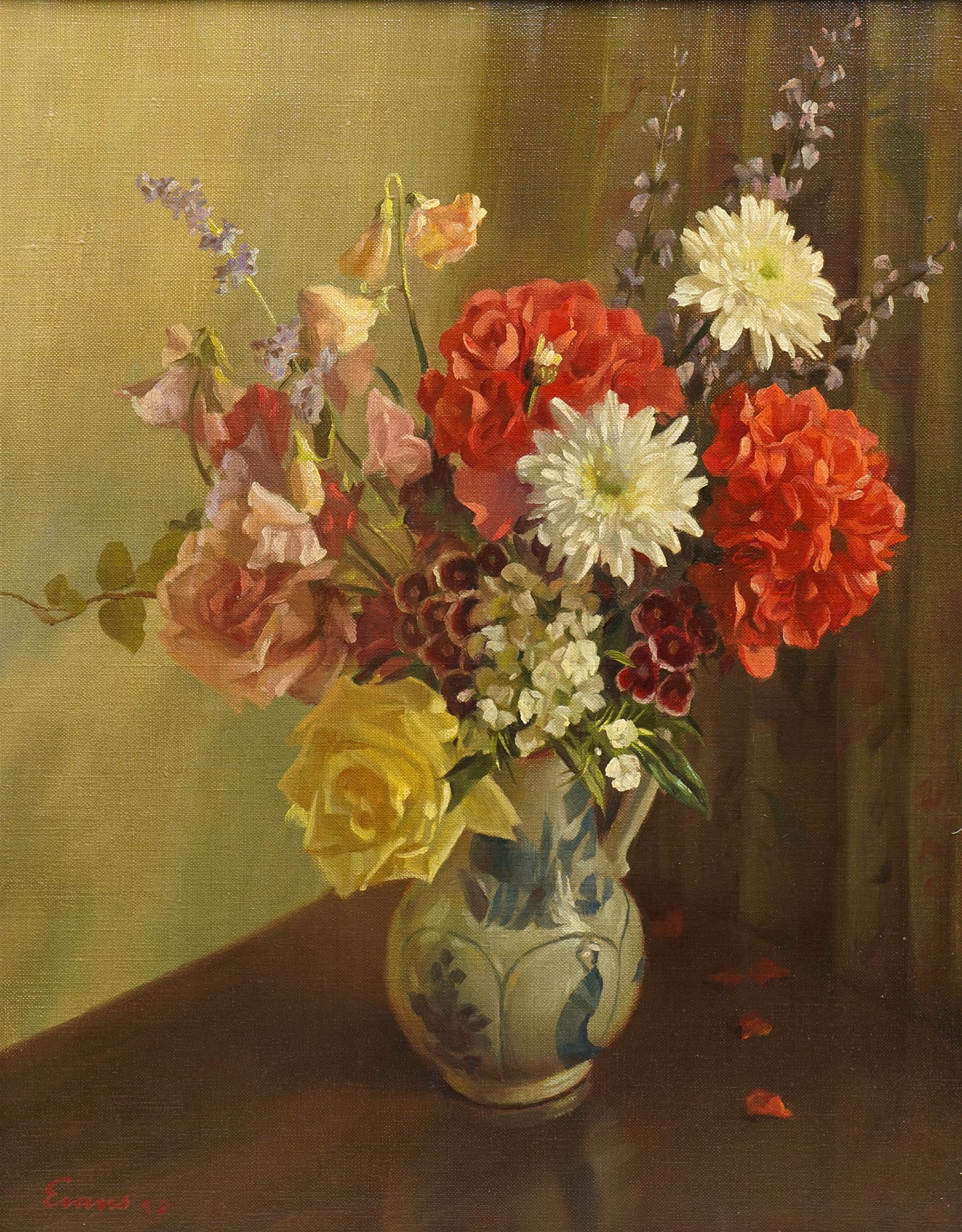 Sherlock Evans (British 1893-1982): Still life of Roses and Flowers in a Jug, oil on canvas signed dated '52, 49cm x 39cm
Notes: Evans was born in Hawick and lived most of his life in the Bradford area. He is known to have painted floral scenes for Terry's Chocolate boxes throughout his life he was employed by Fields Co and Sons (Bradford).