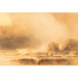 Joseph Newington Carter (British 1835-1871): Figures on the Shoreline, watercolour with scratching out signed and dated '65, 26cm x 38cm 