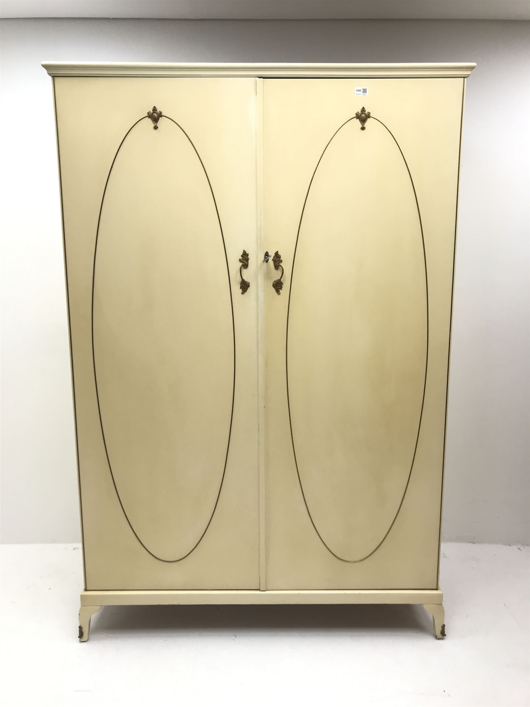 French style cream painted double wardrobe, two doors enclosing  single shelf and hanging rails, cabriole feet 