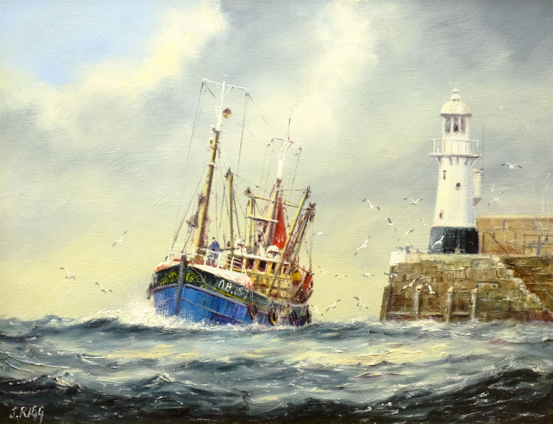 Jack Rigg (British 1927-): Trawler Rounding the Lighthouse, oil on board signed 34cm x 44cm