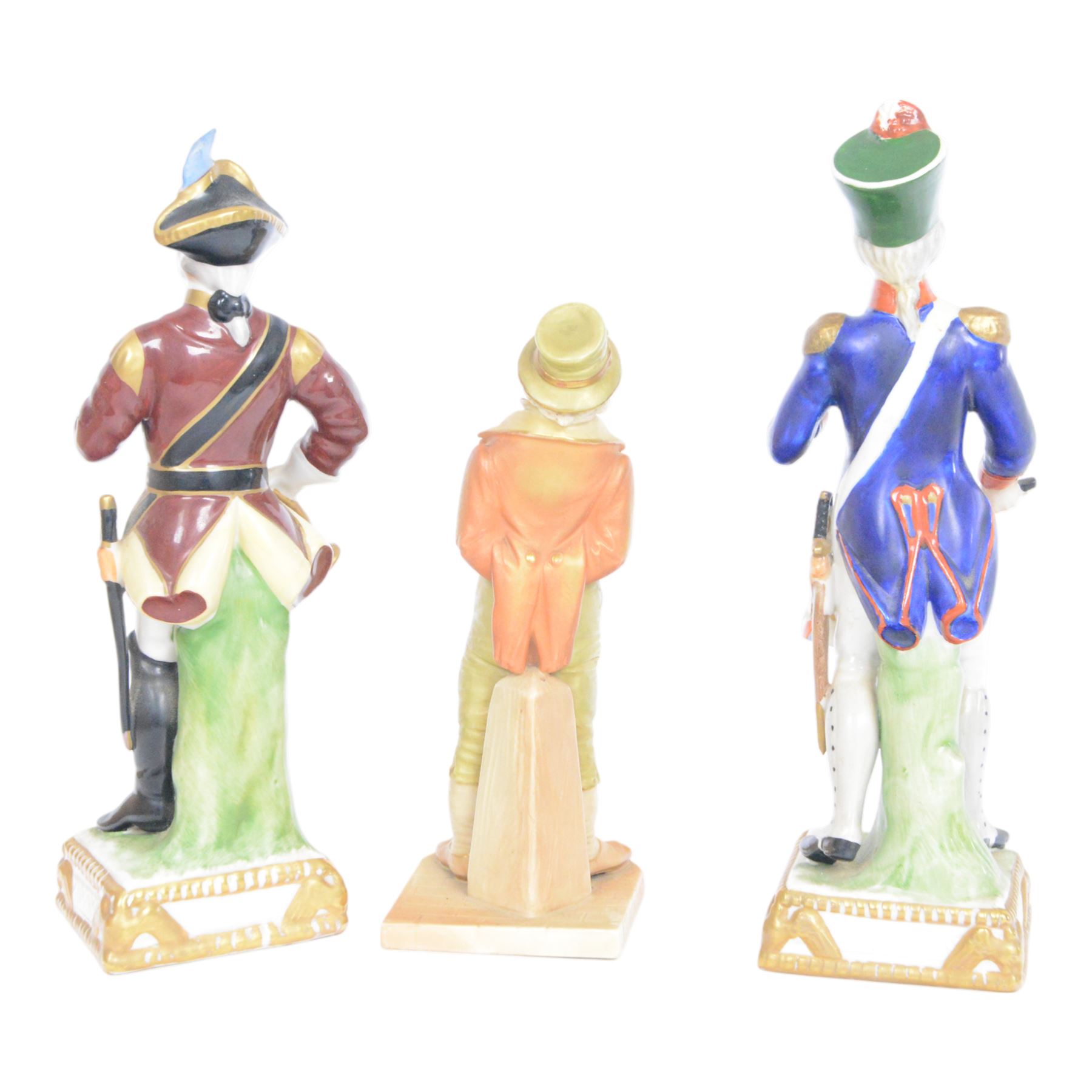 Royal Worcester porcelain figure, Irish Man no. 835, H17.5cm, together with two Naples figures, the first modelled as a Napoleonic soldier, the second as a drummer, tallest H23cm 