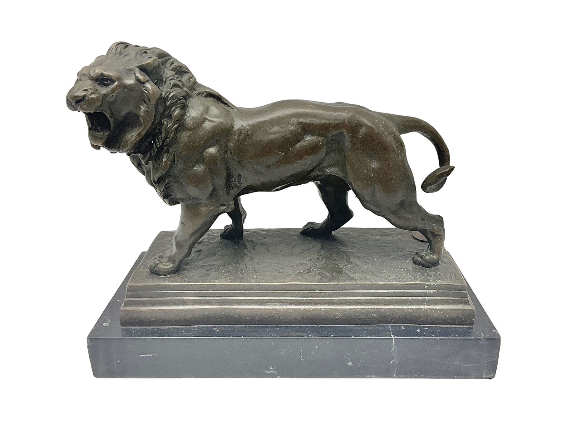 After Charles Valton, bronze, modelled as a lion, upon bronze plinth signed C H Valton, with foundry seal for J B Deposee, and black marble plinth base, overall H20cm L26cm