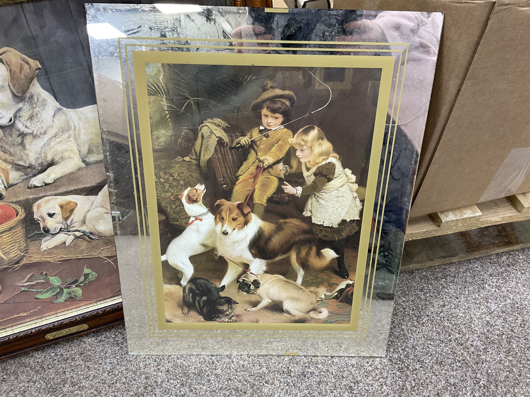 After P E Marshal (British 20th century), Car Outside Inn, water colour signed and dated; after Richard Britton (British) 'Mischief Makers' (golden labradors), colour print, together with three colour prints of dogs and embossed decorative bear scene (6) 