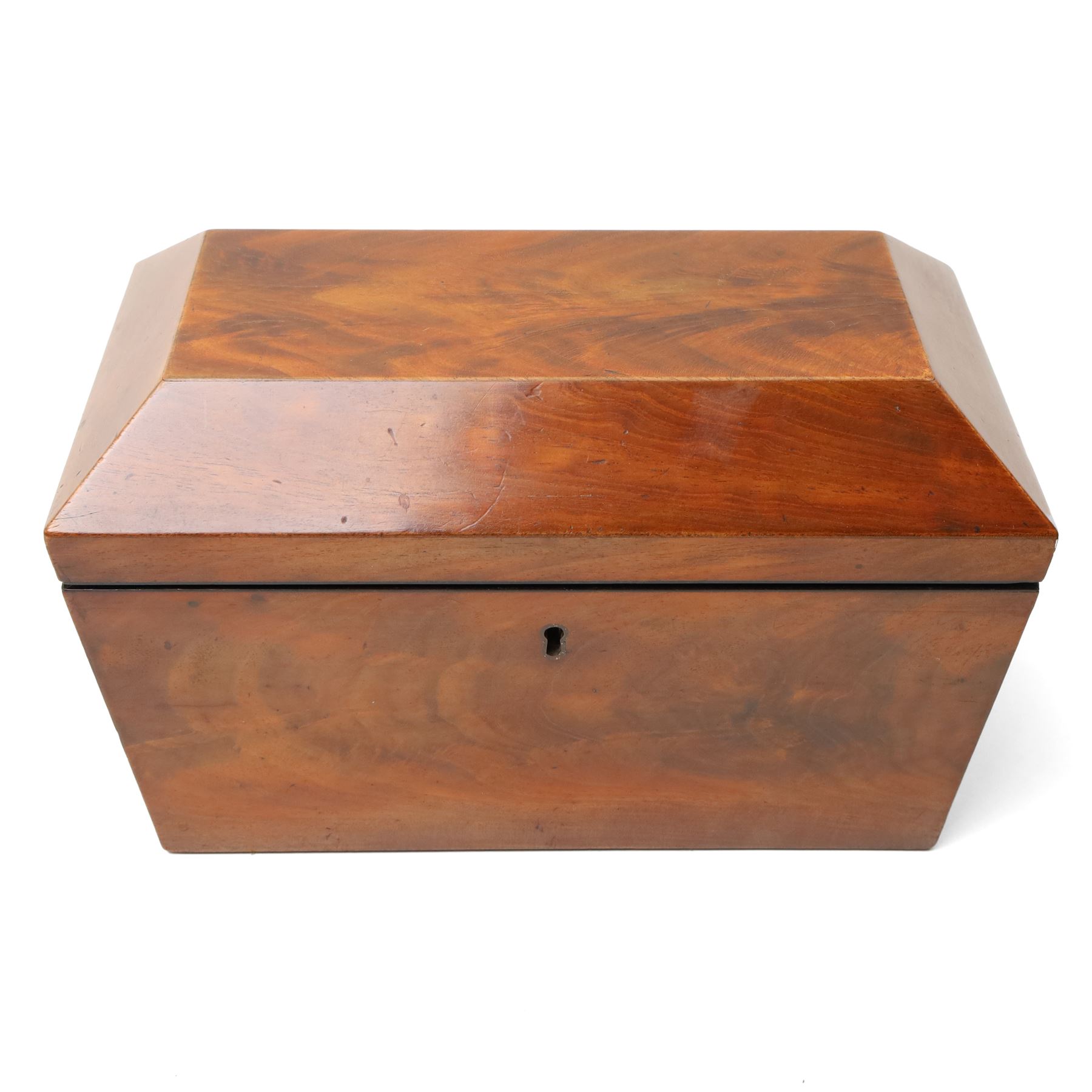 19th century German rosewood box with silver plated mounts, W28cm D20cm; 19th century mahogany two section tea caddy, of sarcophagus form, W23cm D12.5cm (2)