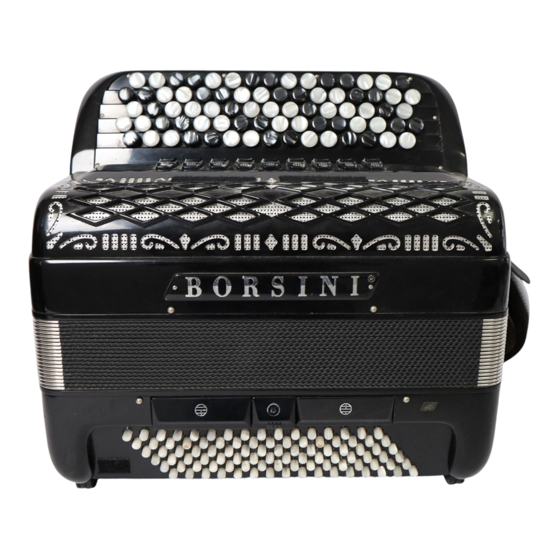 Borsini Professional 5-Row Chromatic button accordion, with 92 white pearlescent chromatic buttons and 136 bass buttons, possibly a custom model, in black high gloss case, with carry strap and original hard carrycase