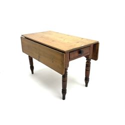 Victorian stained and polished pine drop leaf kitchen table, single drawer either end, turned supports