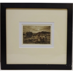  Hay Making, dry point etching signed in pencil by Thomas Barrett (Staithes Group 1845-1924) 9cm x 14cm  