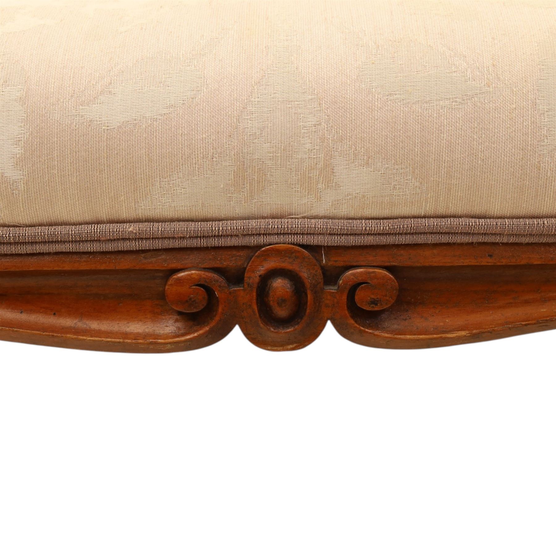 French walnut dressing stool, upholstered in pink damask fabric, raised on cabriole legs 