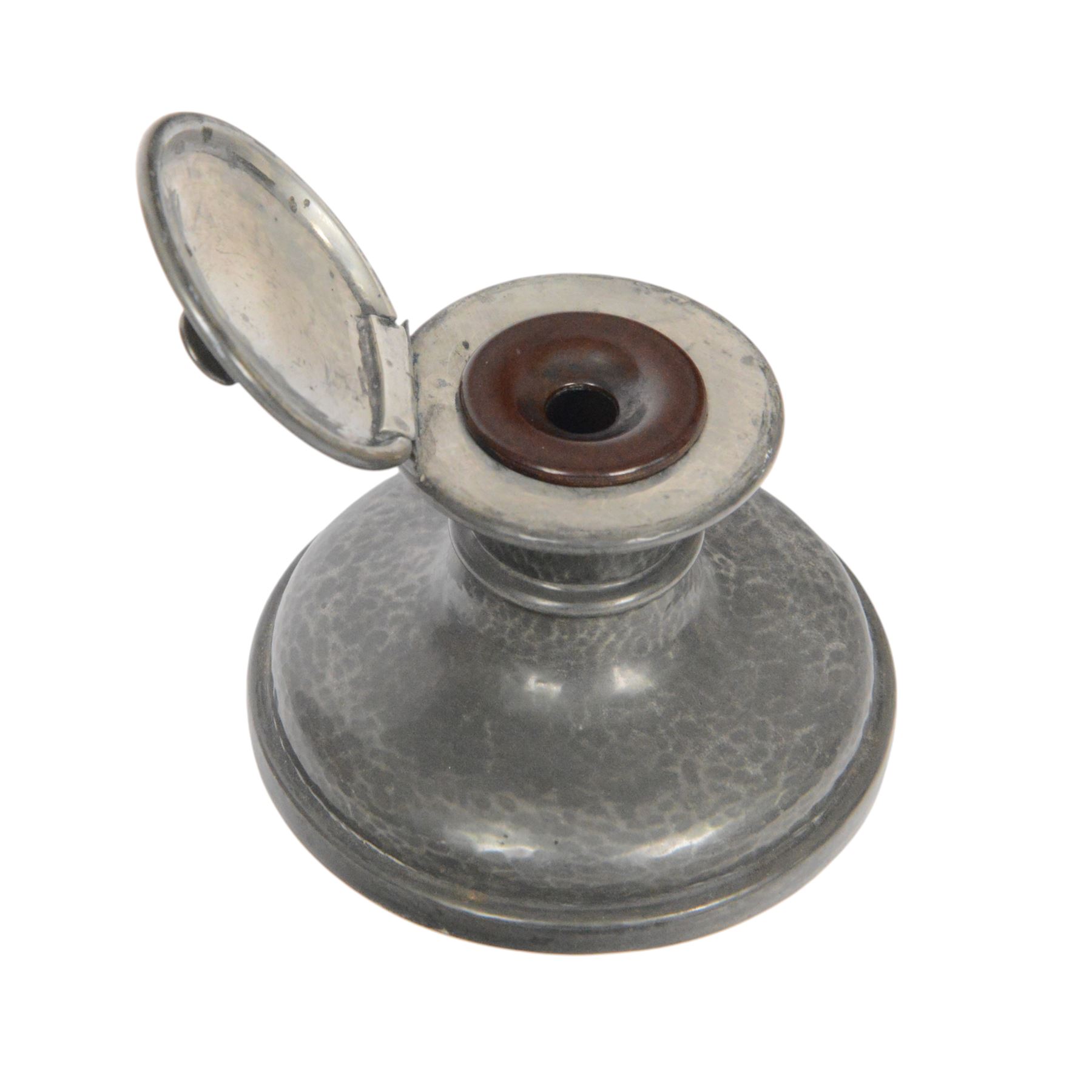 Liberty Tudric pewter ink well, the hinged lid opening to reveal original bakelite liner, stamped marks to base Tudric English Pewter Liberty & Co 01135