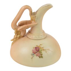 Royal Worcester Blush Ivory, comprising reticulated pot pourri jar upon eagle support, with black printed mark beneath, twin handled posy vase, shape no. 1556 with pink fluted body and puce mark beneath and three jugs, including shape no. 1018 example with bird mounted handle and two shape 1094 examples, all decorated with floral sprigs and with puce marks beneath, tallest H21cmn