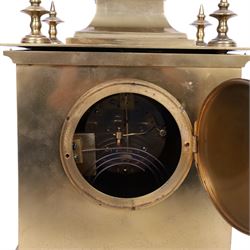 French gilt-bronze and porcelain mantel clock, architectural case surmounted by a stepped pediment with central urn finial and four subsidiary finials above two fluted Corinthian-style pilasters, the entire front inset with shaped porcelain panel incorporating a circular dial and numerals decorated with birds among flowering branches and two winding apertures and pierced brass hands, above a leaf and scroll cast frieze, raised on bracket feet, with an eight-day movement stamped 'AD MOUGIN Deux Medailles' striking the hours and half-hours on a coiled gong, with pendulum, circa 1900