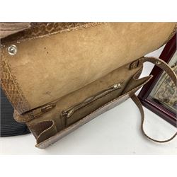 Continental petit point evening bag, with enamel and pearl details, in wooden display frame, together with a snake skin handbag and three other vintage bags