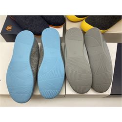 Four pairs of Mahabis slippers, comprising 'Summer grey slippers' size EU40, 'Curve grey and black' size EU46, 'Classic light grey' size EU44 and 'Classic 2 navy' size EU43,  all new in box